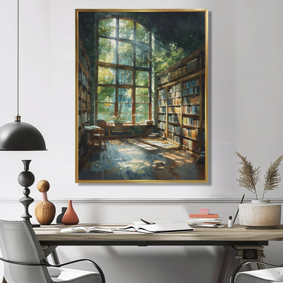 Green brown bookshelves library Quiet haven II - Libraries Framed Art