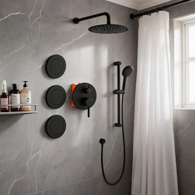 Système de douche mural complet en laiton noir mat avec pomme de douche à pluie, douche à main, barre coulissante