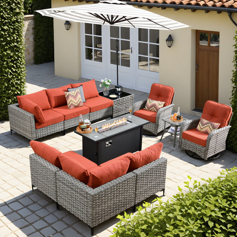 10 Piece Patio Furniture With Fire Pit Table, Outdoor Rattan Wicker Conversation Set With Glowing Coffee Table, Comfy Sectional Sofa Set With Swivel Rocking Chairs For Porch Balcony Backyard Pool