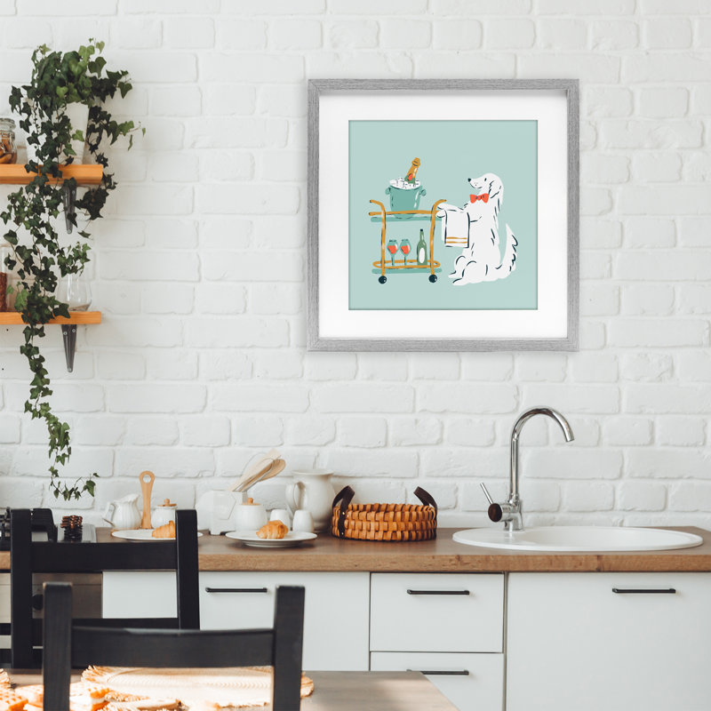 «Doggie Drink Cart», reproduction encadrée sous verre, conception de Krissy Mast, H 16 po x l 16 po, Cadre de ferme gris
