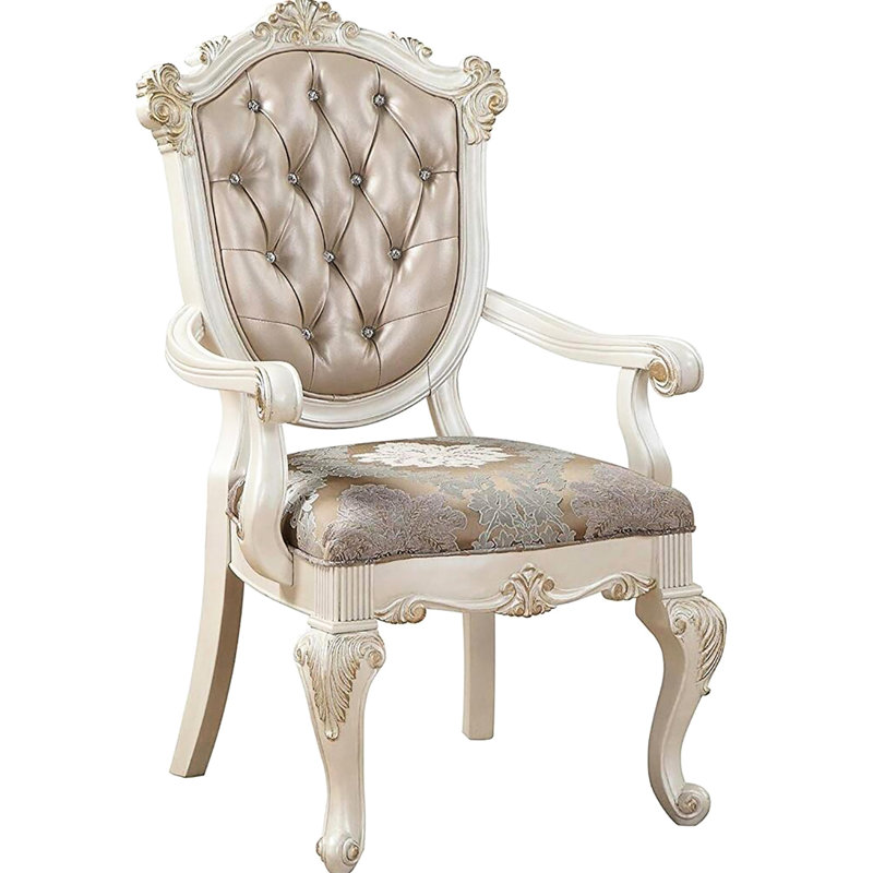 2 chaises avec accoudoirs or rose et blanc perle - Coussin floral doux avec détails texturés en bois élégants 2 chaises en tissu capitonné
