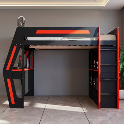 Full Size Gaming Loft Bed with Desk & Storage, Integrated LED RGB Lighting, USB Charging Ports, 6 Storage Cubbies & 6 Drawers - Sturdy Wood Structure