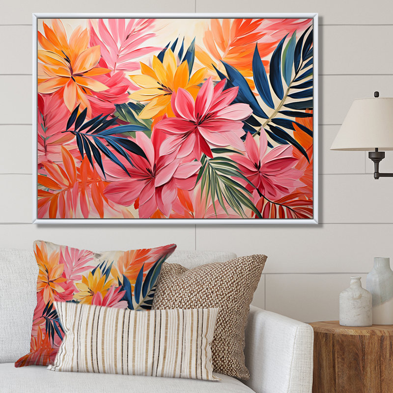 «Rose Floral Tropical Jungle» par Matisse I - art mural floral, Cadre flottant brun, H 16 po x l 32 po x P 1 po