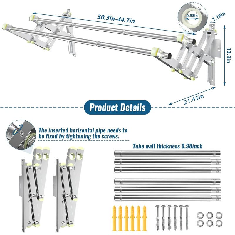 Foldable Wall Mounted Clothes Rack-Double 44'' Long Rod&2 Bases