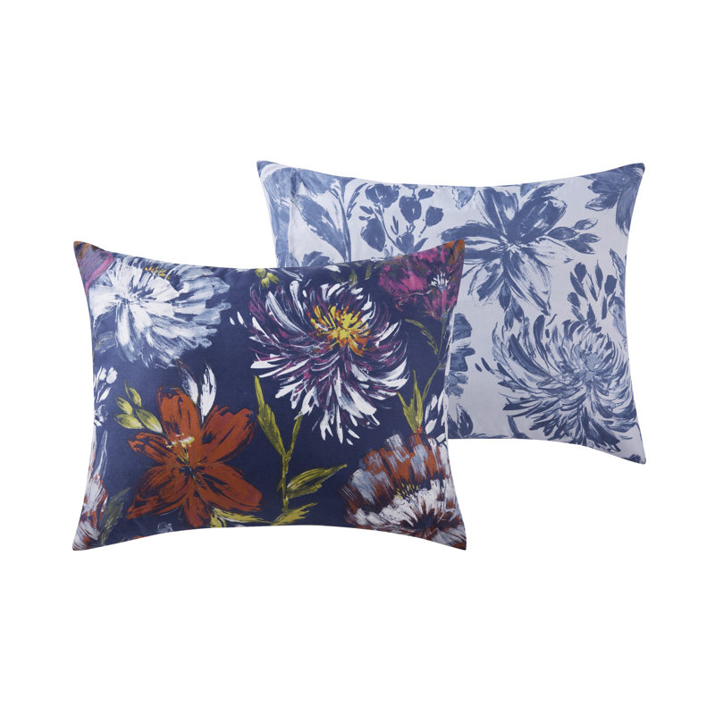 Ensemble d'édredon réversible à motif floral bleu 5 pièces Danny, Édredon très grand + 2 taies décoratives très