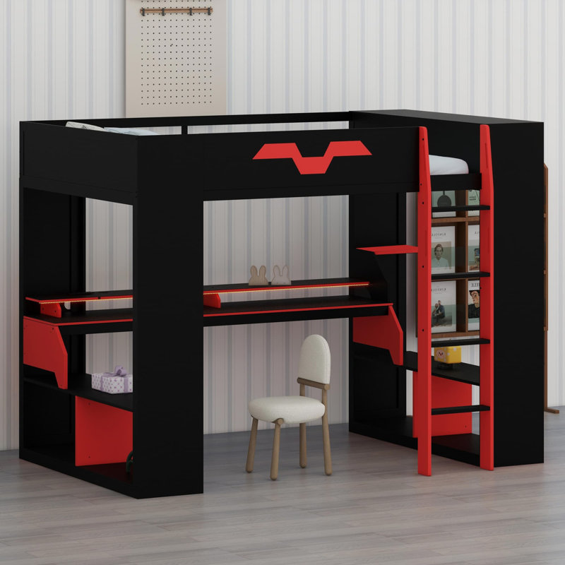 High-Profile Sleeping Platform Featuring Built-in Outlets, Smart Cable Organization, and Dynamic LED Effects, Red