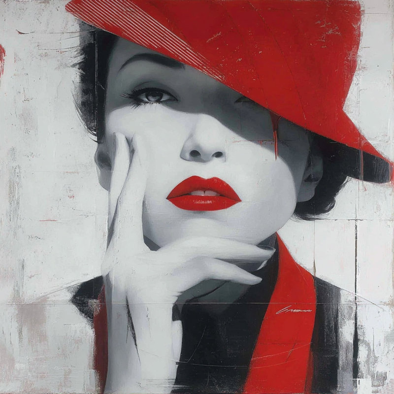 «Red Elegance IV - Glam Lady in Hat with Striking Gaze», reproduction sur toile, H 30 po x l 30 po