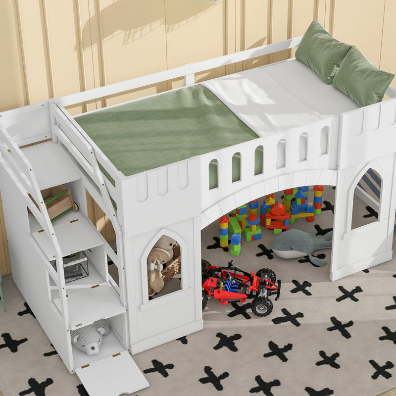 Twin Size Loft Bed In White With Features - Includes Storage Staircase For Peace Of Mind Materials And Storage, Comes Guardrails