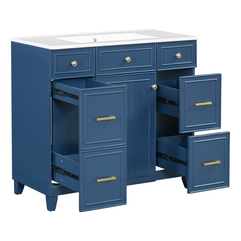 Meuble-lavabo 36 po avec lavabo en céramique, Doré, Bleu