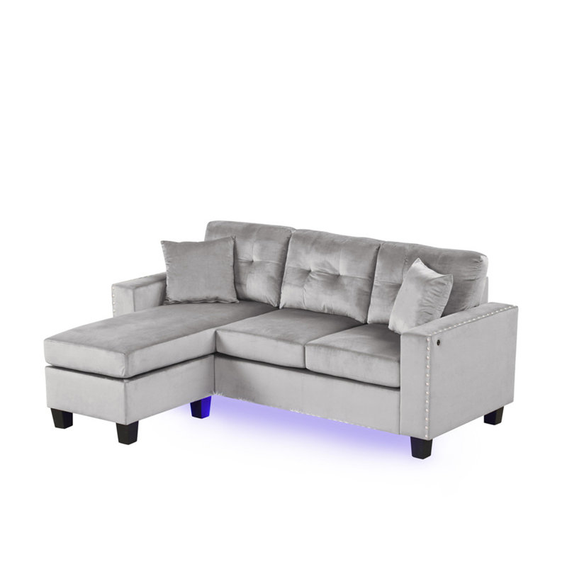 Sorrento 74"W Gray Velvet Reversible Sectional Sofa Chaise With LED Light, Gray Velvet