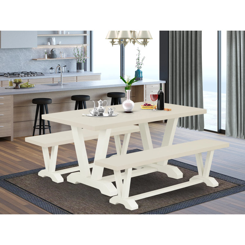 Ensemble de table 3 pièces - 1 table de salle à manger en bois et 2 banc de style Mid-Century - Fabrication stable et durable - Plateau en lin blanc et lin blanc 