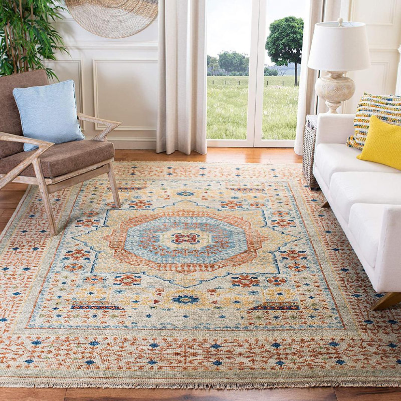 Oriental Hand-Knotted Wool Ivory / Rust Area Rug, Rectangle 6' x 9'