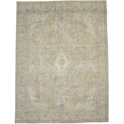 Tapis unique en laine noué à la main de style pêche des années 1950 de 12 pi 8 po x 9 pi 8 po Akens