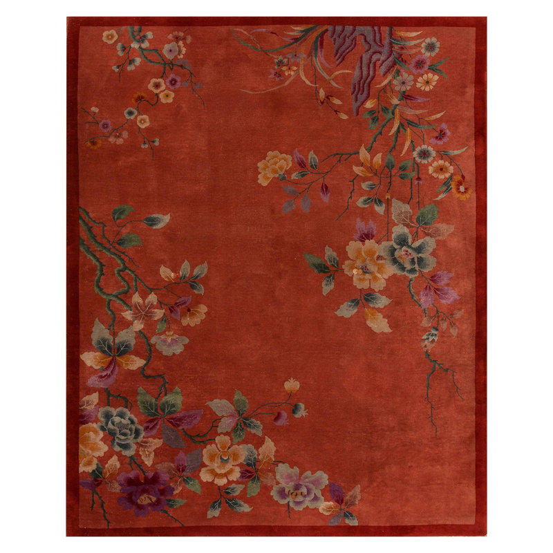 1920s RedRust Floral Antique Chinese Art Deco Rug 8' x 9' 6" Knotted Wool Carpet
