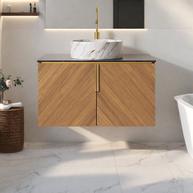 Meuble-lavabo mural 30 po avec comptoir en pierre frittée noire et lavabo rond en céramique blanche avec motif de pierre