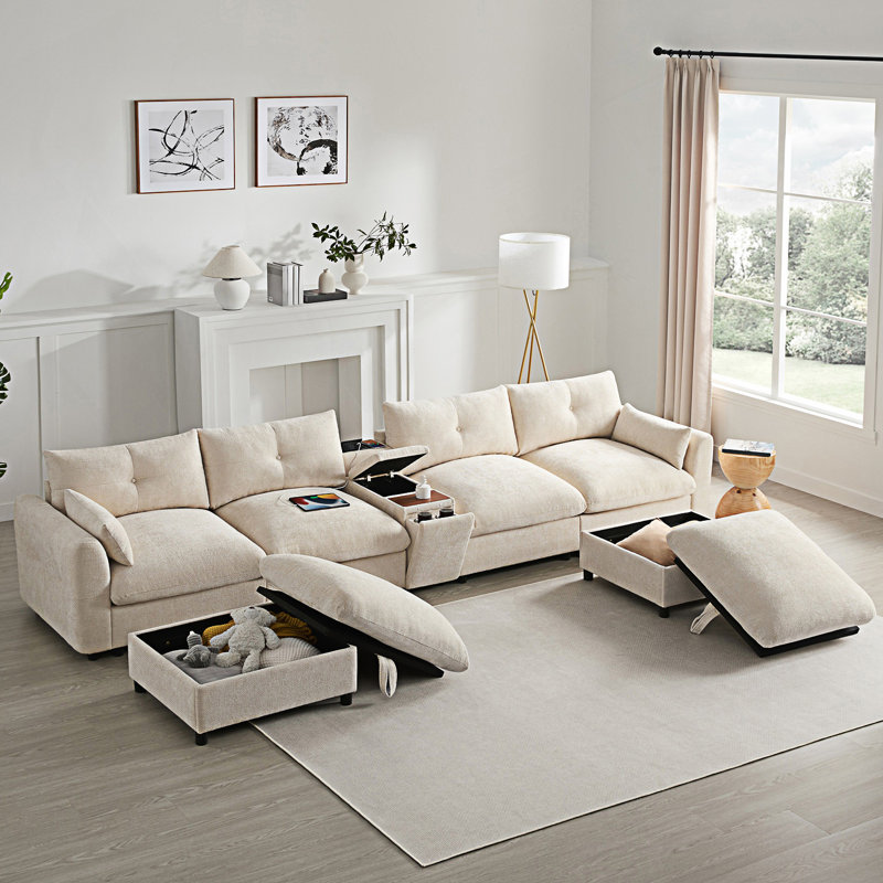 Modular Sectional Sofa With Movable Storage Ottoman And Console, U Shaped Couch, Beige