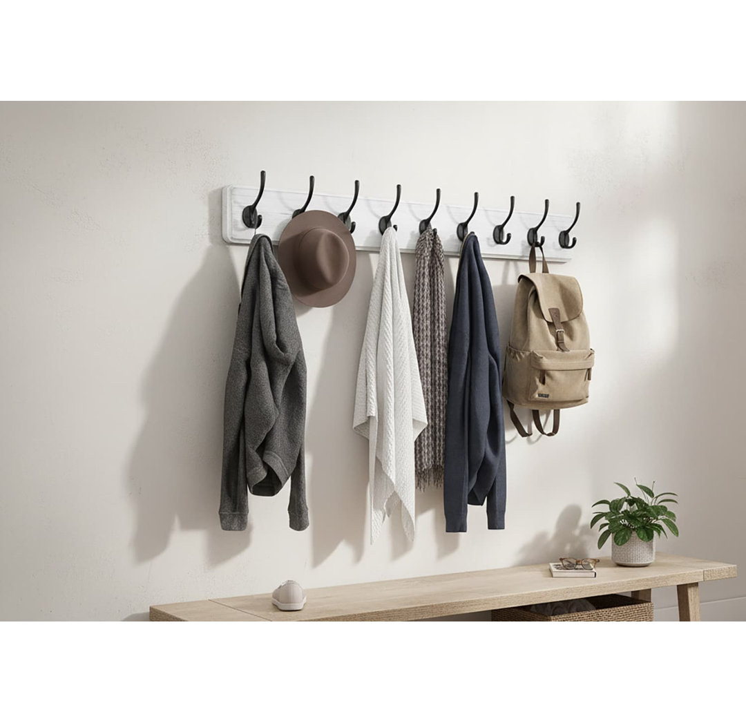 38" Large Wall Mounted Coat Rack - 10 Hooks (Black/White) for Coats/Clothes/Hats - Entryway