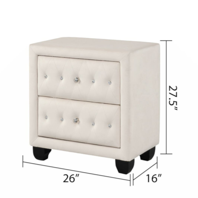Modern Style Crystal Tufted 2-Drawer Nightstand Upholstered With Velvet Fabric Made With Wood In Cream