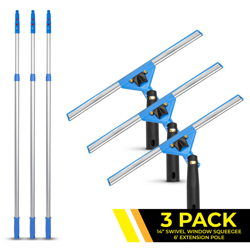 Window Washing Kit with Swivel Window Squeegee and 6' Telescopic Pole, 3 Pack, 76" L x 14" W x 1" D