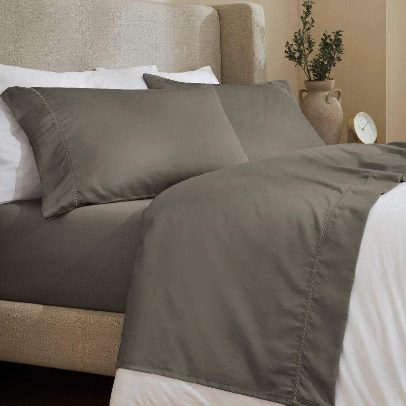 Ensemble de draps en coton mélangé à ourlet brodé 600 fils imperia, Gris, Ensemble de draps divisés très grand lit avec 2 
