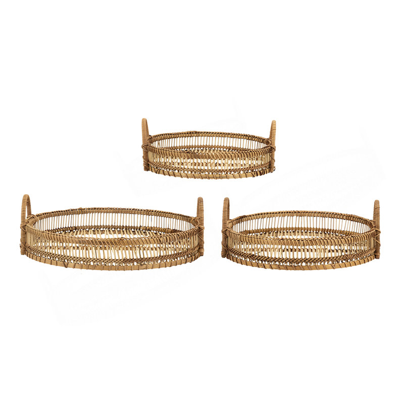 Set Of 3 Round Decorative Brown Bamboo Woven Trays With Handles