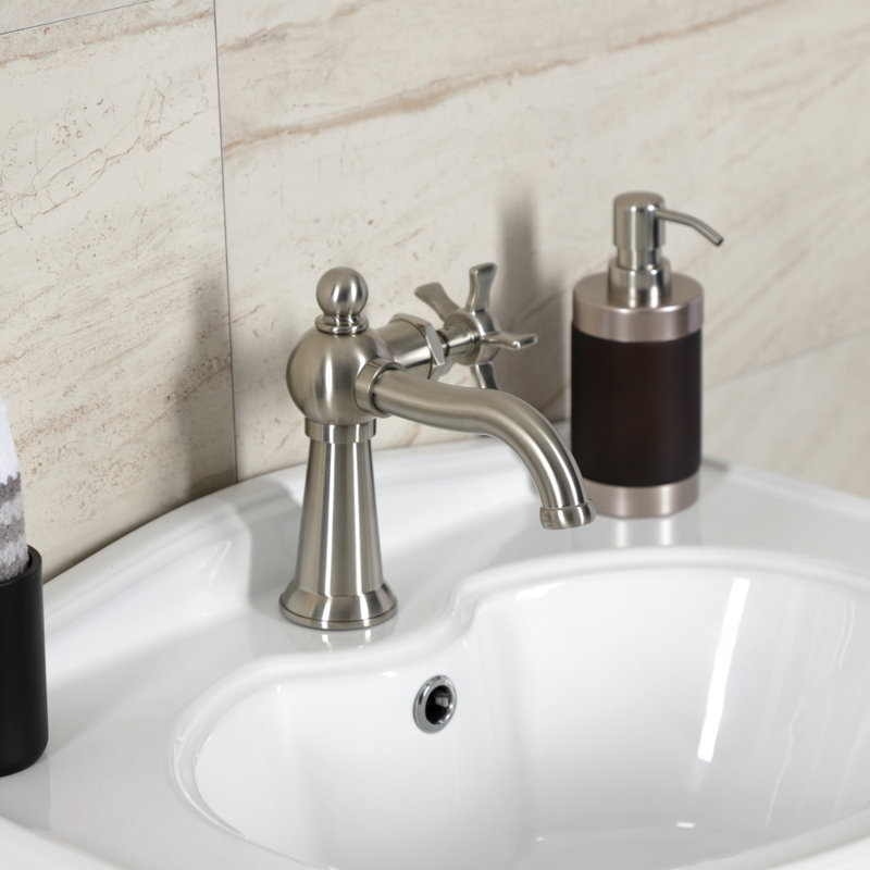 Kingston Brass Fuller Single-Handle 1-Hole Deck Mount Bathroom Faucet with Push Pop-Up, Cross, Brushed Nickel