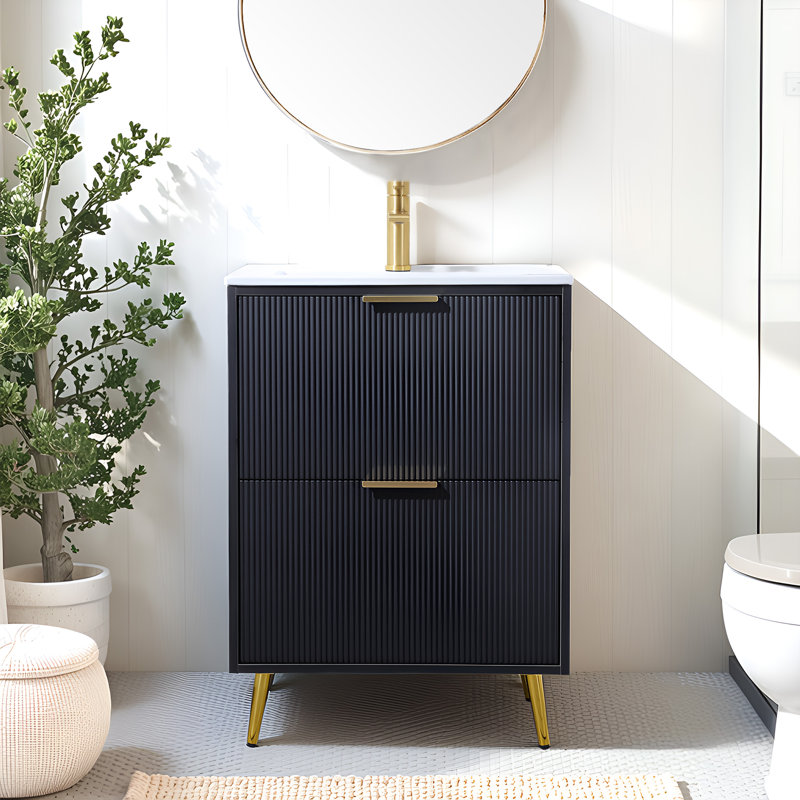 24" Modern Free-Standing Single Bathroom Vanity With Ceramic Top, Black
