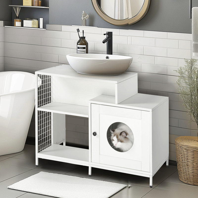 Enceinte de litière pour chat pour salle de bain, toilette cachée pour litière pour animaux avec cloison, niche pour chat pour grands chats, blanc