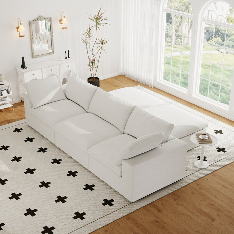 Kenda 5-Piece Upholstered Modern Linen Slipcovered Sectional With Storage Ottoman, White Linen