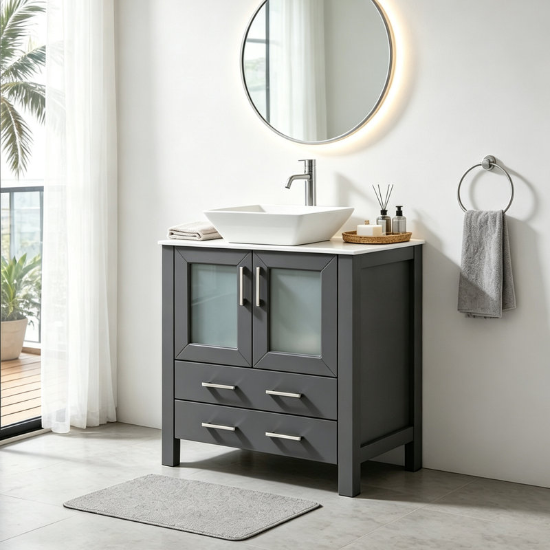 30" Modern Freestanding Bathroom Vanity With Vessel Ceramic Top, Silver