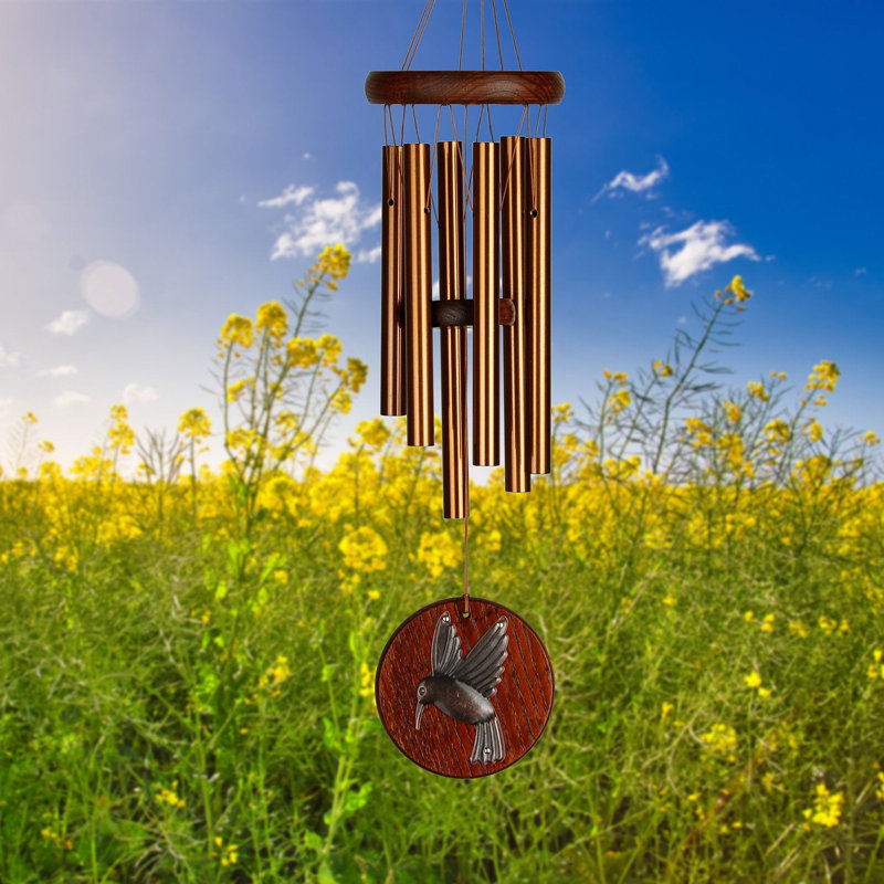 Teak and Copper Hummingbird Wind Chime for Outdoor Decor