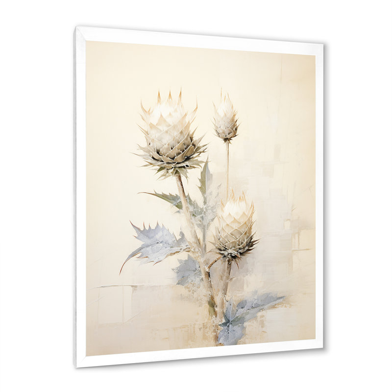 Fleur de chardon beige discret II - Thistle Wall Art Living Room, H 44 po x l 34 po, Cadre simple blanc