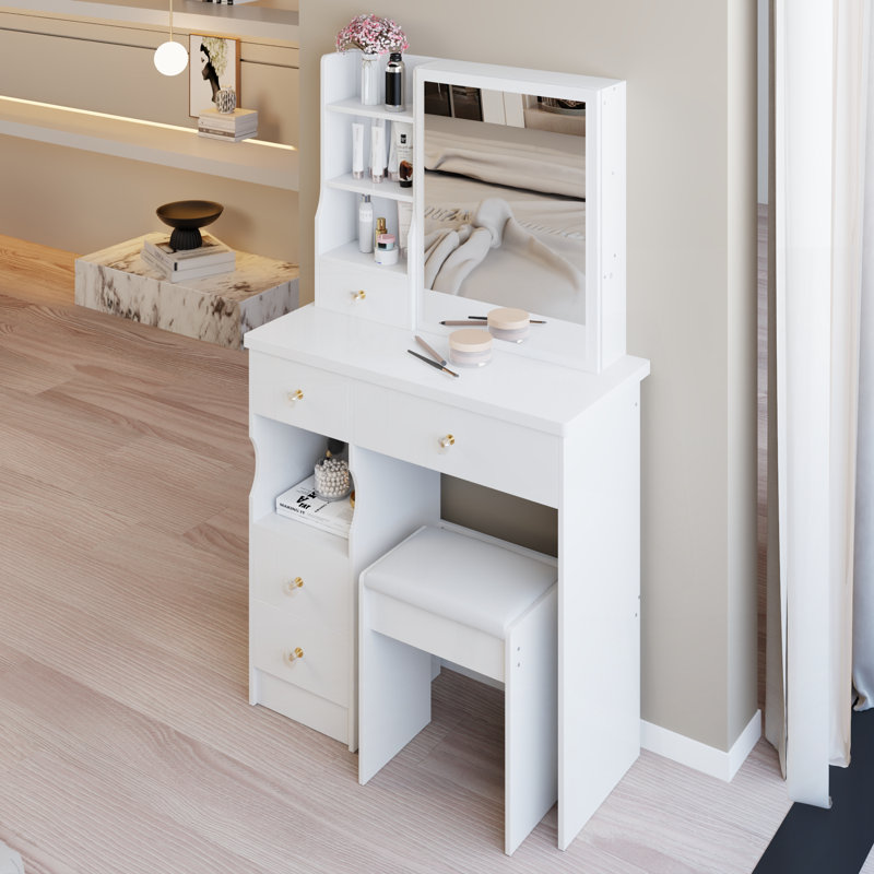 29.2" Small Size Left Drawer Desktop Vanity Table + Cushioned Stool, Extra Large Right sliding mirror, Multi Layer High Capacity Storage, Practical Fashionable Dresser, Suitable For Small Space