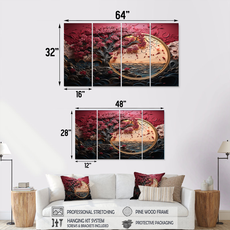 «Red Flower» par 4 fleurs d'art sur toile, H 28 po x l 48 po