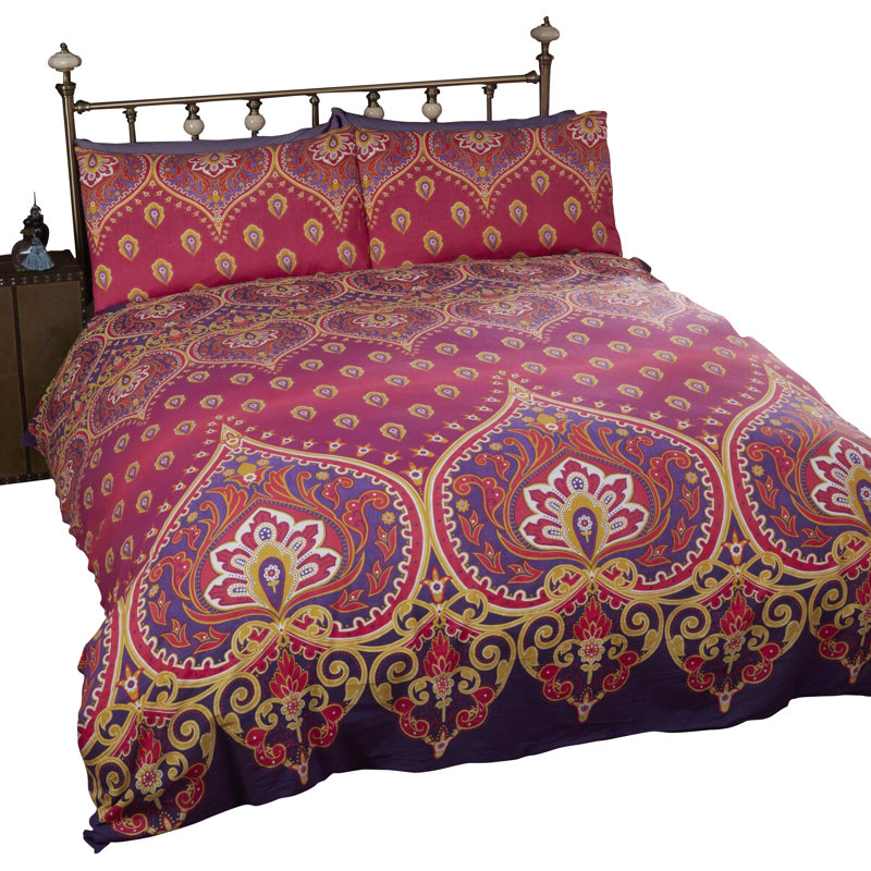 Comerfo Polyester/Cotton Damask Duvet Cover with Pillowcases, Double Duvet Cover + 2 Standard Pillowcases, Ruby