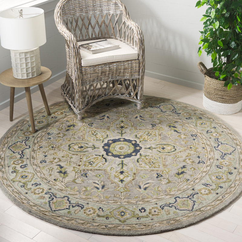 Calai Hand Tufted Wool Cotton Oriental Rug in Ivory/Blue, Round 6"