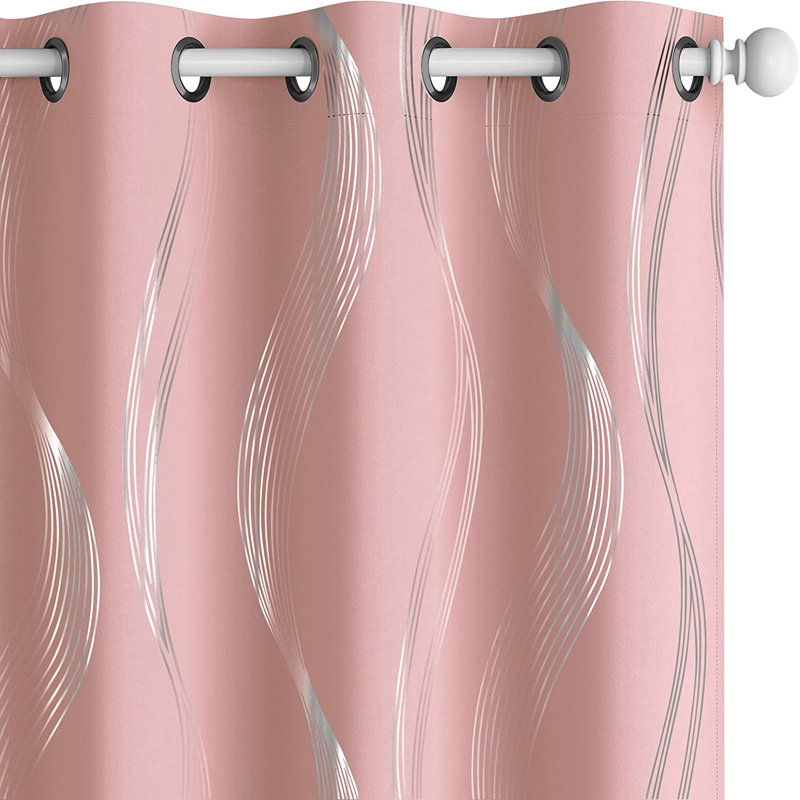 Spurgh Sliver Wave Foil Print Blackout Thermal Grommet Curtain Panels (Set of 2), Coral Pink, 52" W x 95" L