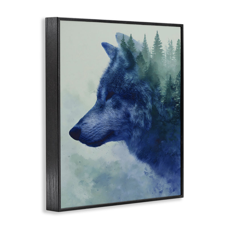 Indigo loup dans des pins brumeux, estampe numérique, design par Franklyn Gregory, 20 x 16, Midnight Black Giclee Framed