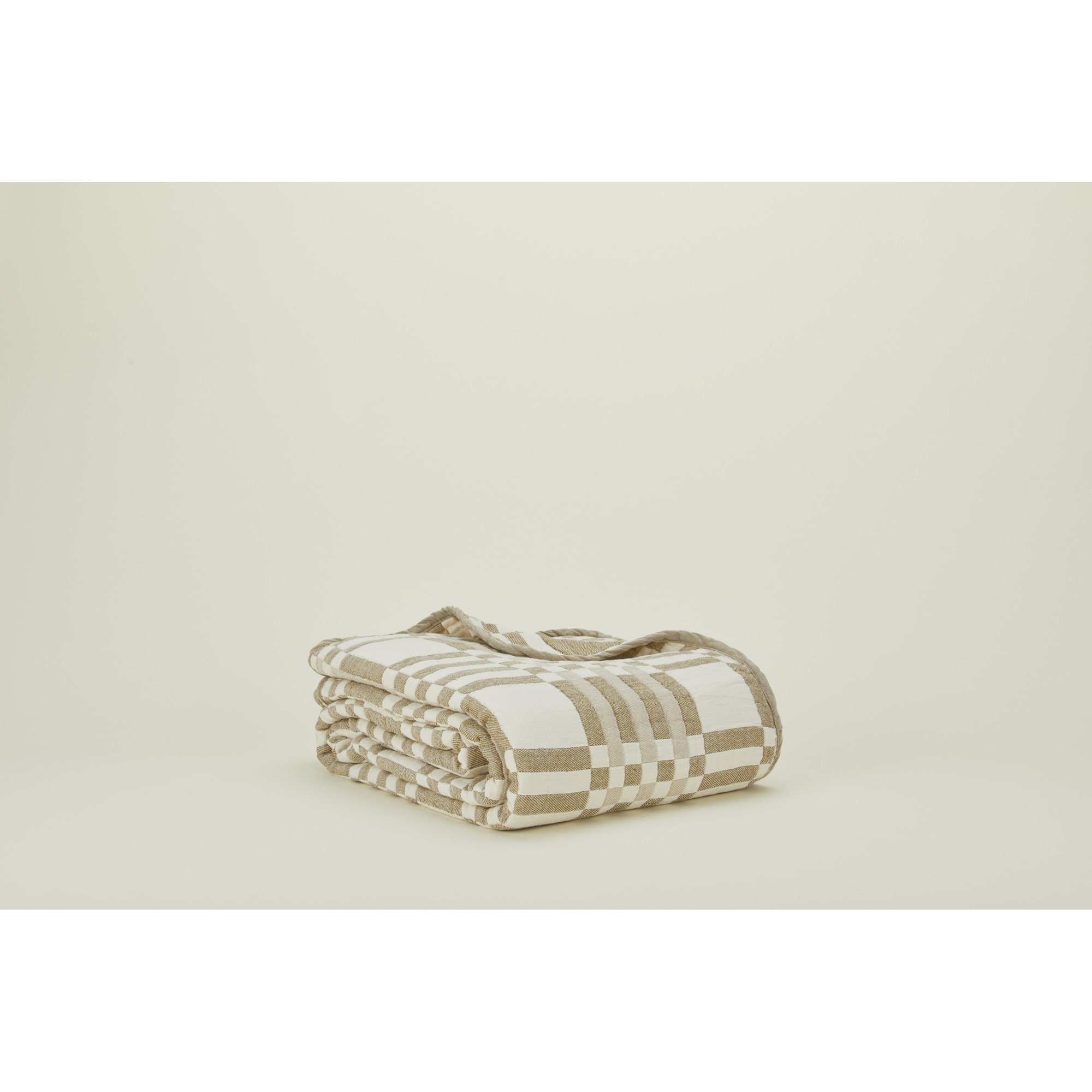 Simple Plaid Cotton Jacquard Throw Blanket, Ivory/Flax, Queen