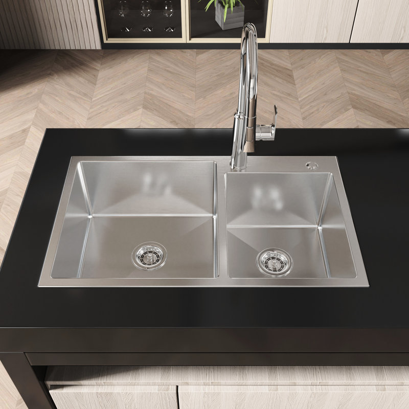 32"X19"X10" Double Bowl Sink, Stainless Steel Satin, Stain- Surface, Simple To Install Kitchen S304 Steel, Sound-Absorbing Pad, Versatile Basin Option