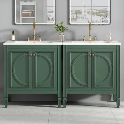 Meuble-lavabo de salle de bain avec lavabo en céramique, tiroir de rangement et portes à fermeture en douceur