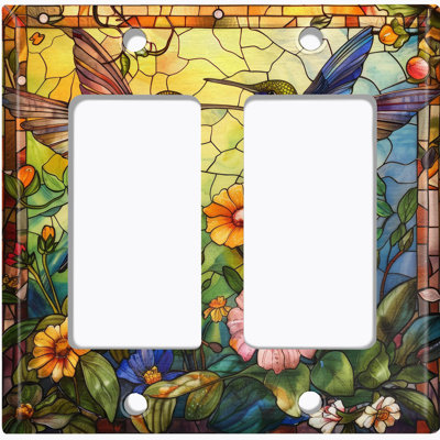 Metal Light Switch Plate Cover; US Standard Size 2 Gang GFI Rocker - Humming Birds with Flowers Stained Glass PRINT