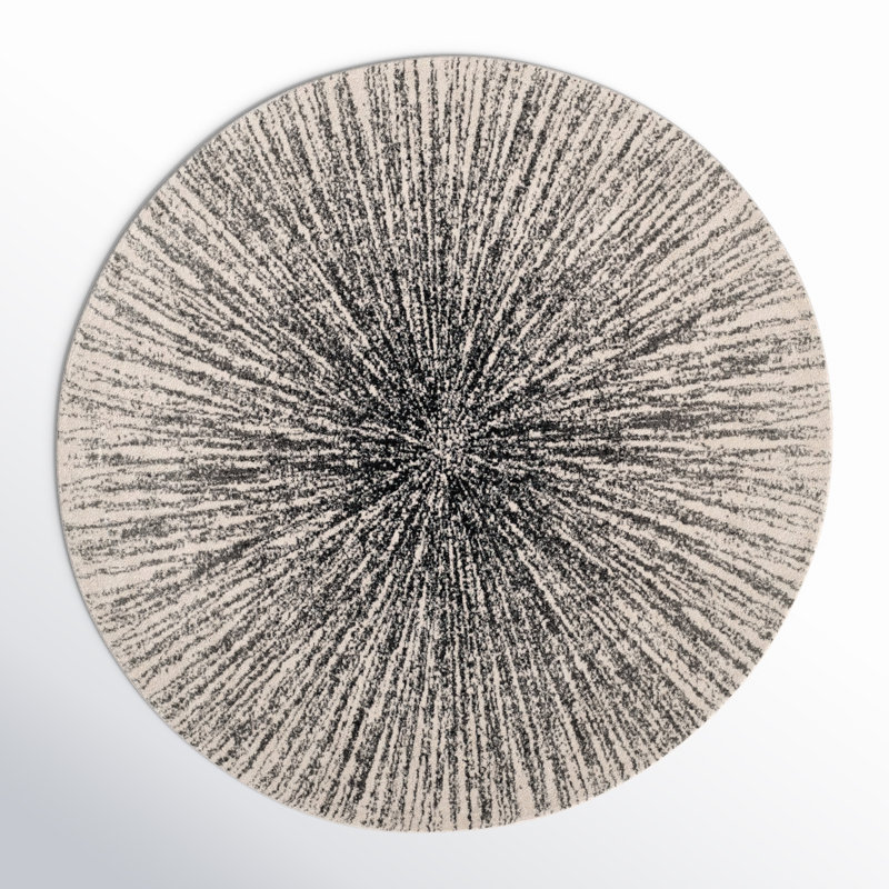 Tapis noir et ivoire à motif abstrait, Rond 3 pi