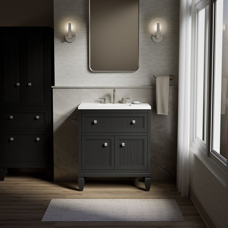Meuble-lavabo sur pied simple avec lavabo et plateau en quartz Hearthaven, Gris ardoise, 30"