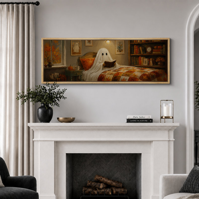 «Cosy Halloween Ghost lecture, art de chambre à coucher, impression sur toile encadrée, 3 pièces, art mural , Cadre naturel