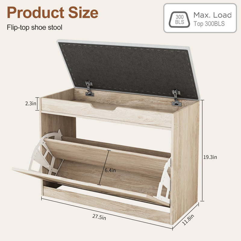 2-Tier Adjustable Shoe Cabinet,Upholstered Shoe Storage Bench With Cabinet, Natural wood color