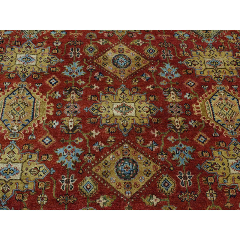 10'x10' Red Hand Knotted Karajeh Design Pure Wool Round Rug 9D3D4A8C7D9B4EB9B8528DA3B611A22B