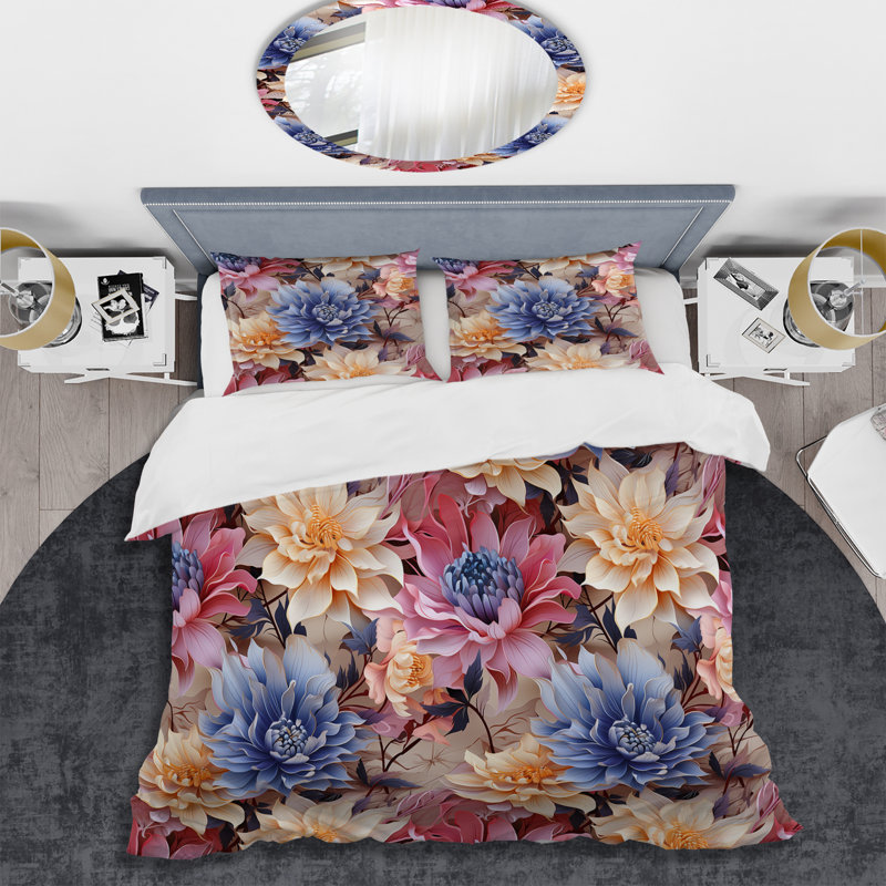 Blue And Beige Metallic - Ensemble de housse de couette à motif floral, Housse de couette pour très grand lit et 2 très