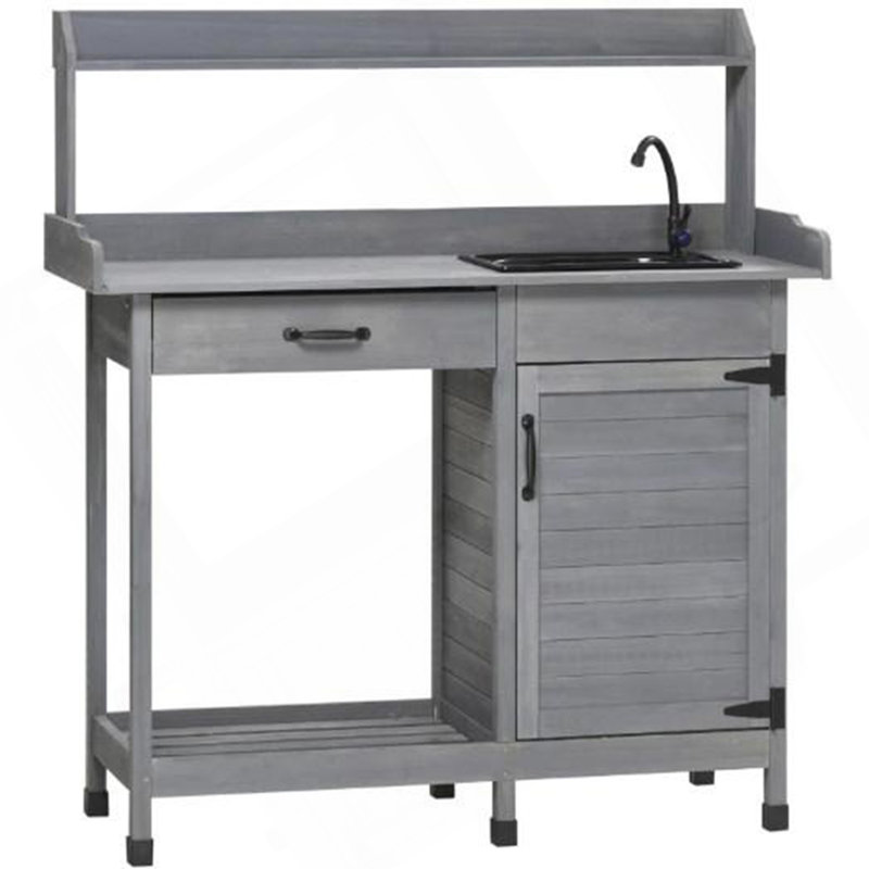 Outdoor Work Bench Table,Potting Bench Table With Sink,With Storage Cabinet,Hooks,Removable Sink,Faucet And Drawer
