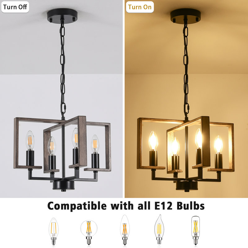 4-Light Dimmable Farmhouse Chandelier in Black and Brown Metal, Geometric Lantern Candle-Style, Ideal for Kitchen Islands, Dining & Entryways